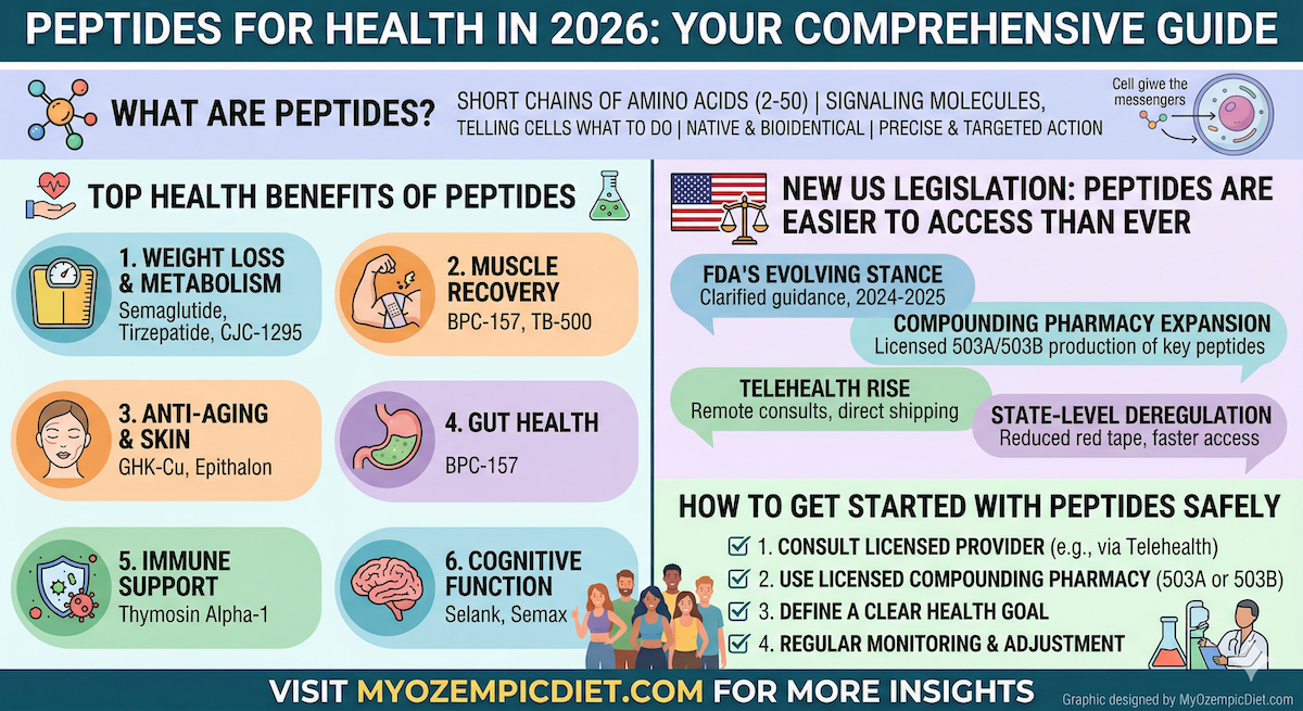 Peptides for Health in 2026: comprehensive guide infographic covering benefits, types, and US legislation